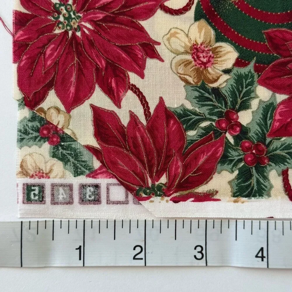 Christmas Poinsettia Ornaments Fabric Cranston Multicolor Metallic Gold Remnant